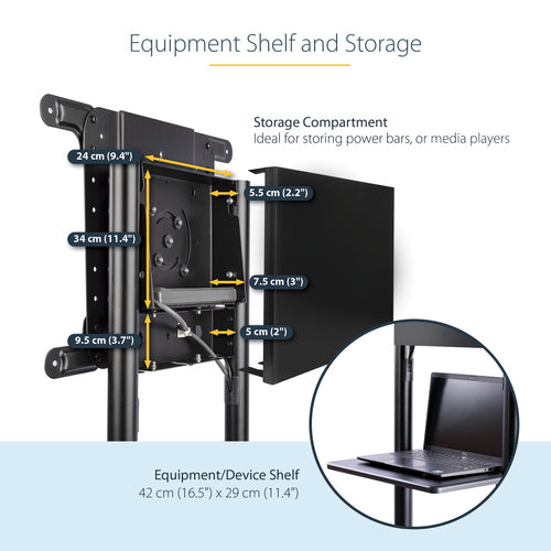 StarTech.com Mobile TV Cart - Portable Rolling TV Stand for 37-70" VESA Display (154lb/70kg) - TV Stand w/Shelf & Storage Compartment - Rotate/Tilt Display - Universal TV Mount on Wheels