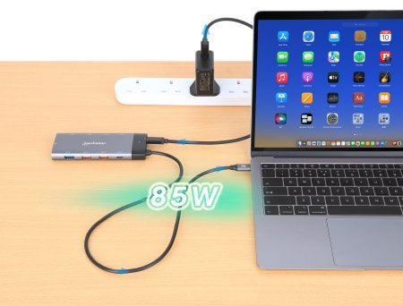 Manhattan USB-C Dock/Hub, Ports (x10): Ethernet, HDMI (x2 8k), USB-A (x5) and USB-C (x2), With Power Delivery (100W) to USB-C Port (Note additional USB-C wall charger and USB-C cable needed), USB 3.2 Gen 2, All Ports can be used at the same time,