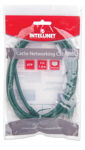 Intellinet Network Patch Cable, Cat5e, 1.5m, Green, CCA, U/UTP, PVC, RJ45, Gold Plated Contacts, Snagless, Booted, Lifetime Warranty