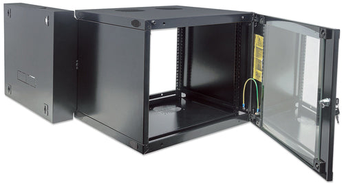 Intellinet 19" Network Cabinet - Wall Mount (Double Section Hinged Swing Out), 6U, 600mm Deep, Black, Flatpack, Max 30kg, Swings out for access to back of cabinet when installed on wall, Rack, Usable Depth 385mm, Parts for wall installation not included