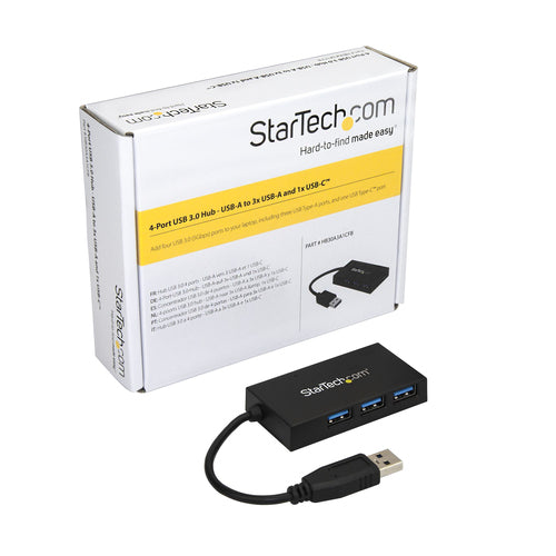 StarTech.com 4 Port USB 3.0 Hub - USB Type-A Hub with 1x USB-C & 3x USB-A Ports (SuperSpeed 5Gbps) - USB Bus Powered - USB 3.1 Gen 1 Adapter Hub - Portable/Laptop USB Hub~4 Port USB 3.0 Hub - USB Type-A Hub with 1x USB-C & 3x USB-A Ports (SuperSpeed