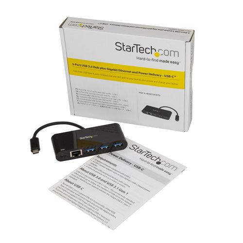 StarTech.com 3 Port USB-C Hub with Gigabit Ethernet & 60W Power Delivery Passthrough Laptop Charging - USB-C to 3x USB-A (USB 3.0 SuperSpeed 5Gbps) - USB 3.1/3.2 Gen 1 Type-C Adapter Hub~3 Port USB-C Hub with Gigabit Ethernet & 60W Power Delivery