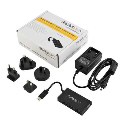 StarTech.com 4 Port USB C Hub - USB Type-C Hub w/ 4x USB-A Ports (USB 3.0/3.1 Gen 1 SuperSpeed 5Gbps) - USB Bus or Self Power - Portable USB-C to USB-A BC 1.2 Charging Hub w/ Power Adapter~4 Port USB C Hub - USB Type-C Hub w/ 4x USB-A Ports USB 3.0 hub