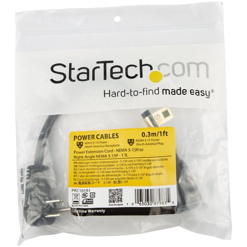 StarTech.com 3ft (1m) Power Extension Cord, Right Angle NEMA 5-15P to NEMA 5-15R, 13A 125V, 16AWG, Black Computer Power Extension Cord, Flat Extension Cord, AC Outlet Extension Cable, UL Listed
