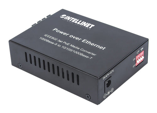 Intellinet Gigabit PoE+ Media Converter, 1000Base-T RJ45 Port to 1000Base-LX (SC) Single-Mode, 20 km (12.4 mi.), PoE+ Injector