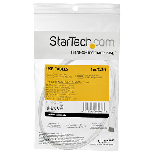 StarTech.com 1m USB C Charging Cable - Durable Fast Charge & Sync USB 2.0 Type C to USB C Laptop Charger Cord - TPE Jacket Aramid Fiber M/M 60W White - Samsung S10 S20 iPad Pro MS Surface