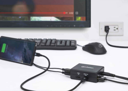 Manhattan Smart Video Multiport Dock, Ports (x5): HDMI Port, USB-A (x2), USB-C (x2), With Power Delivery to USB-C Port, Internal Power Supply, Ultra-Compact, Detachable Power Cable, Black, Three Year Warranty, Retail Box