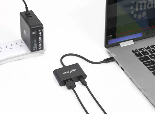 Manhattan USB-C to HDMI and USB-C (inc Power Delivery), 4K@60Hz, 19.5cm, Black, Power Delivery to USB-C Port (60W), Male to Females, Lifetime Warranty, Equivalent to CDP2HDUCP