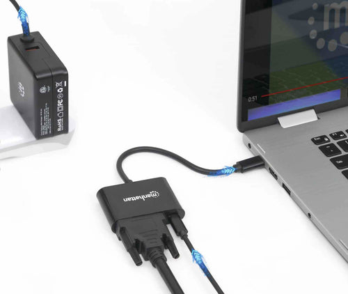 Manhattan USB-C to DVI-I and USB-C (inc Power Delivery), 1080p@60Hz, 19.5cm, Black, Power Delivery to USB-C (60W), Male to Females, Equivalent to CDP2DVIUCP, Compatible with DVD-D, Lifetime Warranty, Box
