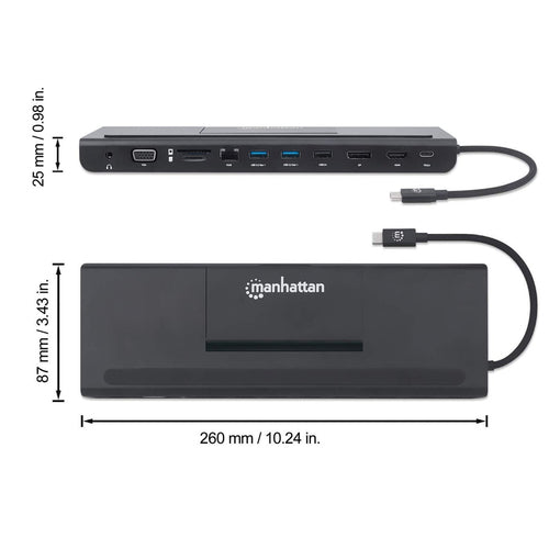 Manhattan USB-C Dock/Hub with Card Reader and MST, Ports (x9): Audio 3.5mm, DisplayPort, Ethernet, HDMI, USB-A (x3), USB-C and VGA, With Power Delivery (100W) to USB-C Port (Note add USB-C wall charger and USB-C cable needed),All Ports can be used at the