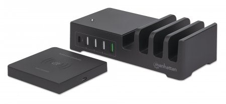 Manhattan Charging Station with Wireless Charging Pad (detachable), 1x Wireless, 1x USB-C and 4x USB-A Ports, Wireless Output: 2A, USB-C Output: 3A, USB-A Outputs: 1x 3A and 3x 2.4A max, Cable 1m, Black (Power Cable: Euro 2-pin plug to C7 figure-of-8