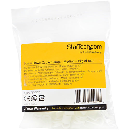StarTech.com 100 Pack Screw Mount Cable Clamps - Medium 6.35mm Bundle Cable Fastener/Holder - R-Type Single Reusable Nylon Clip - Screw Down Ethernet Cord Management Clamp - UL/94V-2 Rated TAA