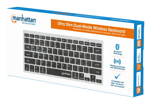 Manhattan Ultra Slim Dual-Mode Wireless Keyboard, German Quertz layout, Bluetooth (v3.0) and Wireless (2.4GHz), 78 low profile scissor keys, Auto Power Management, Range 10m, USB-A Micro Receiver, AAA Battery (included), Windows and Mac, Three Year