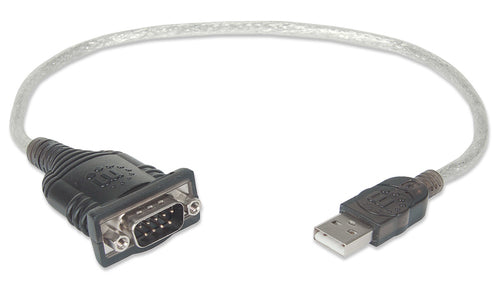 Manhattan USB-A to Serial Converter cable, 45cm, Male to Male, Serial/RS232/COM/DB9, Prolific PL-2303RA Chip, Black/Silver cable, Three Year Warranty, Equivalent to ICUSB232V2