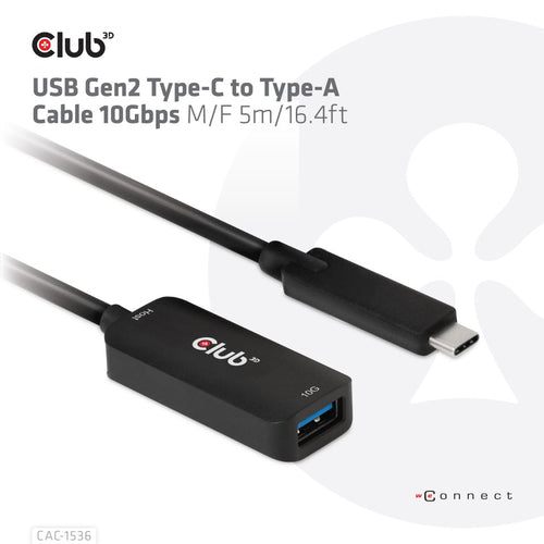 CLUB3D USB Gen2 Type-C to Type-A Cable 10Gbps M/F 5m/16.4ft
