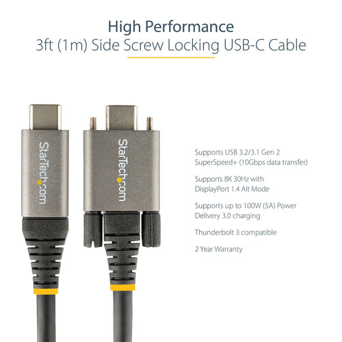 StarTech.com 20" (50cm) Side Screw Locking USB C Cable 10Gbps - USB 3.1/3.2 Gen 2 Type-C Cable - 100W (5A) Power Delivery Charging, DP Alt Mode - Dual Screw Lock - USB-C Cord Charge/Sync
