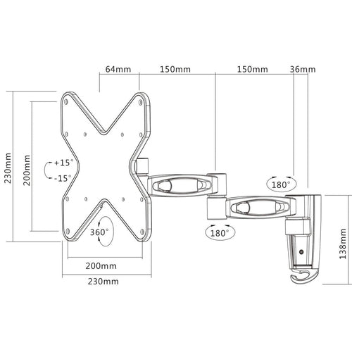 Manhattan TV & Monitor Mount, Wall, Full Motion, 1 screen, Screen Sizes: 23-42", Black, VESA 75x75 to 200x200, Max 20kg, Tilt & Swivel with 3 Pivots, Lifetime Warranty