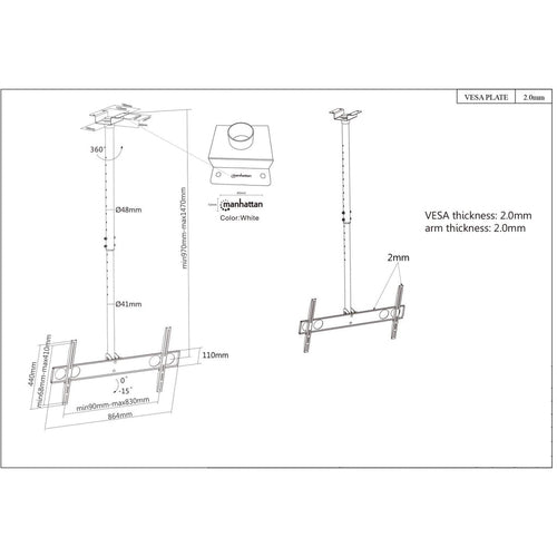Manhattan Ceiling Mount for TV & Monitors, For screens: 37" to 75", Adjustable height: 105-156 cm, VESA compatibility: all between 200x200 to 800x400mm - check the dimensions of the four mounting holes on back of screen to ensure it fits, Max 50kg,