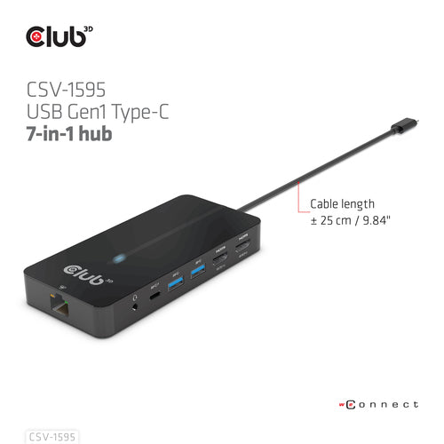 CLUB3D Type-C 7-in-1 hub with 2x HDMI, 2x USB Gen1 Type-A, 1x RJ45, 1x 3.5mm Audio, 1x USB Gen1 Type-C 100W Female port