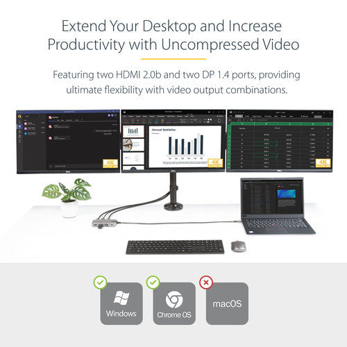 StarTech.com USB-C Triple Monitor Multiport Adapter, Dual 4K 60Hz + 4K 30Hz HDMI & DisplayPort, 3-Port USB 10Gbps Hub, 100W PD Pass-Through, GbE, Travel Dock, Windows & ChromeOS
