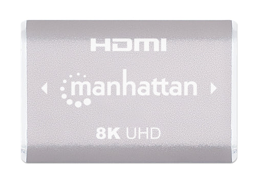 Manhattan HDMI Coupler, 8K@60Hz (Ultra High Speed), Female to Female, Straight Connection, Silver, 4K@120Hz, Connect HDMI cables up to 5m on each side, Works with all HDMI devices, Lifetime Warranty