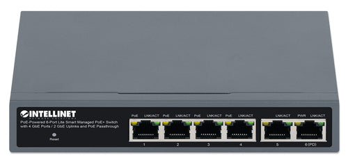 Intellinet PoE-Powered 6-Port Lite Smart Managed PoE+ Switch with 4 GbE Ports / 2 GbE Uplinks and PoE Passthrough