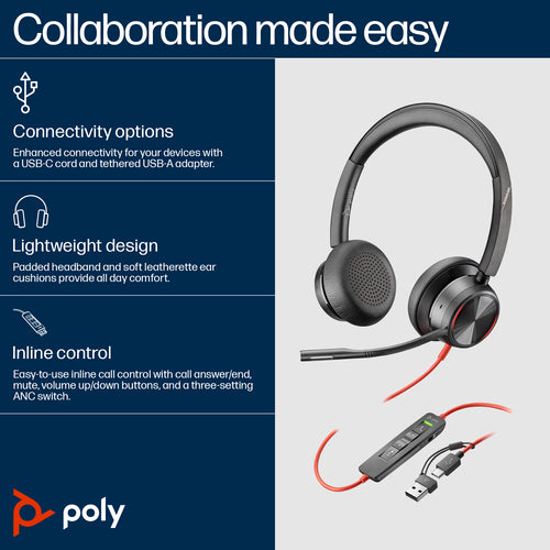 HP Poly Blackwire 8225 Stereo USB-C Headset +USB-C/A Adapter