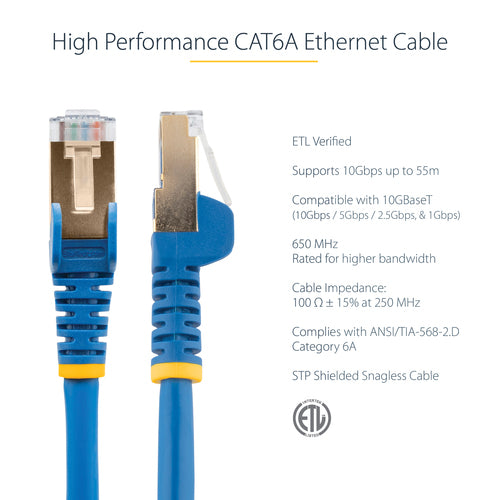 StarTech.com 10ft CAT6a Ethernet Cable - 10 Gigabit Shielded Snagless RJ45 100W PoE Patch Cord - 10GbE STP Network Cable w/Strain Relief - Blue Individually Tested/Wiring is UL Certified/TIA