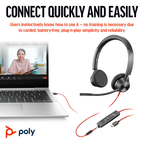 HP Poly Blackwire 3325 Stereo Microsoft Teams Certified USB-C Headset +3.5mm Plug +USB-C/A Adapter