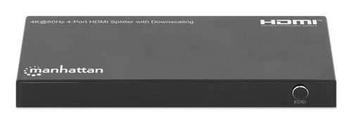 Manhattan HDMI Splitter with downscaling 4-Port , 4K@60Hz, Displays output from x1 HDMI source to x4 HD displays (same output to four displays), Downscale button to adjust a 4K input signal into 1080p, Micro-USB to USB-A power cable included (cable