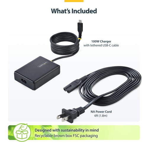 StarTech.com 100W USB-C Laptop Charger with 5ft (1.5m) Tethered USB-C Cable, Power Adapter Brick for Dell, HP ProBook, MacBook Pro, Microsoft Surface Pro
