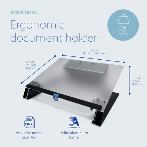 R-Go Tools Document holder R-Go Read2Write, suitable for reading and writing, ergonomic, with soft foam wrist rest, matt acrylic