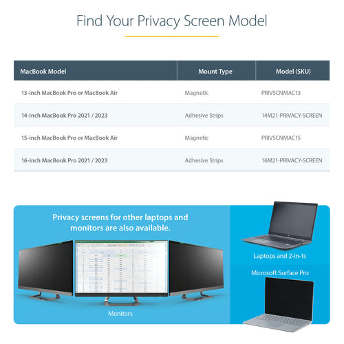 StarTech.com Laptop Privacy Screen for 13 inch MacBook Pro & MacBook Air - Magnetic Removable Security Filter - Blue Light Reducing Screen Protector 16:10 - Matte/Glossy - +/-30 Degree