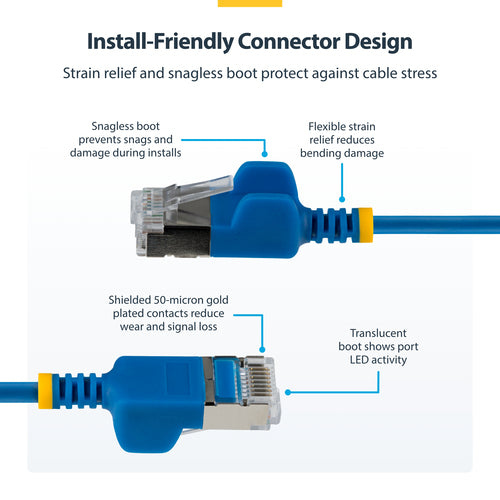 StarTech.com 1ft Blue Ultra Slim CAT6a Ethernet Cable, Snagless, FTP, Pure Bare Copper Wire, 34AWG Slim RJ45 Network Patch Cord, Individually Tested