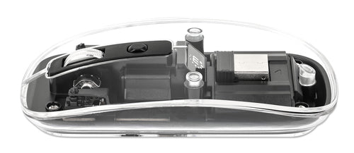 Manhattan Transparent Rechargeable Wireless Mouse, Clear/Black, Adjustable 800/1200/1600dpi, With RGB LED light, 2.4Ghz (effective range up to 10m), USB, Optical, Ambidextrous, Four Button with Scroll Wheel, Slim Design, USB-A micro receiver, Lithium Ion