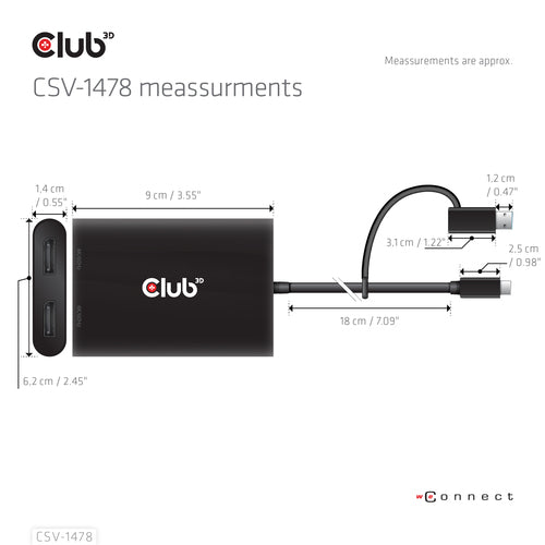 CLUB3D USB Type-C (with USB Type-A adapter) to dual DisplayPort™(4K60Hz) Video Splitter