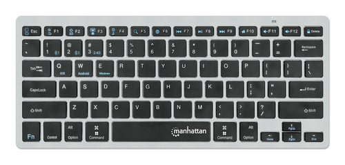 Manhattan Ultra Slim Dual-Mode Wireless Keyboard, German Quertz layout, Bluetooth (v3.0) and Wireless (2.4GHz), 78 low profile scissor keys, Auto Power Management, Range 10m, USB-A Micro Receiver, AAA Battery (included), Windows and Mac, Three Year