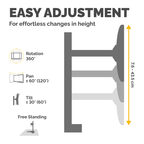 Fellowes Seasa Dual Monitor Arm - Freestanding Monitor Mount for 8KG 27 inch Screens - Ergonomic Adjustable Monitor Arm - Tilt 45° Pan 120° Rotation 360°, VESA 75 x 75/100 x 100 - Black