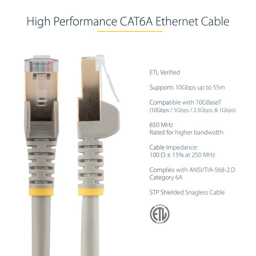StarTech.com 6 in CAT6a Ethernet Cable - 10 Gigabit Shielded Snagless RJ45 100W PoE Patch Cord - 10GbE STP Network Cable w/Strain Relief - Gray Individually Tested/Wiring is UL Certified/TIA