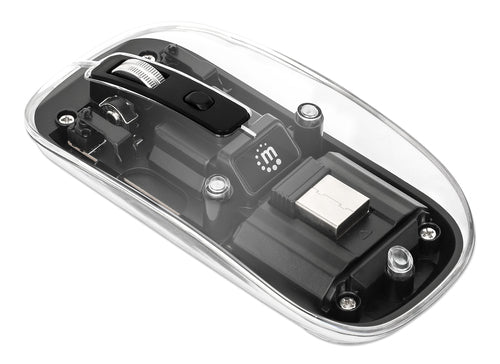 Manhattan Transparent Rechargeable Wireless Mouse, Clear/Black, Adjustable 800/1200/1600dpi, With RGB LED light, 2.4Ghz (effective range up to 10m), USB, Optical, Ambidextrous, Four Button with Scroll Wheel, Slim Design, USB-A micro receiver, Lithium Ion