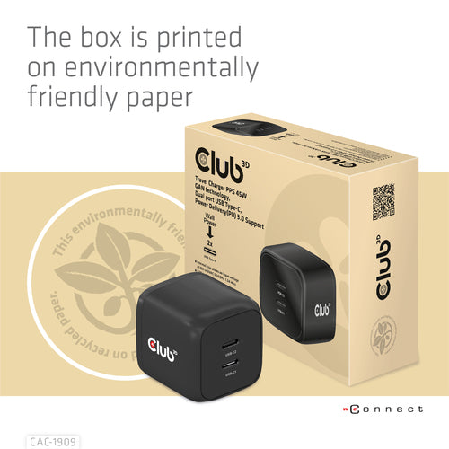 CLUB3D Travel Charger PPS 45W GAN technology, Dual port USB Type-C, Power Delivery(PD) 3.0 Support