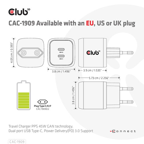 CLUB3D Travel Charger PPS 45W GAN technology, Dual port USB Type-C, Power Delivery(PD) 3.0 Support