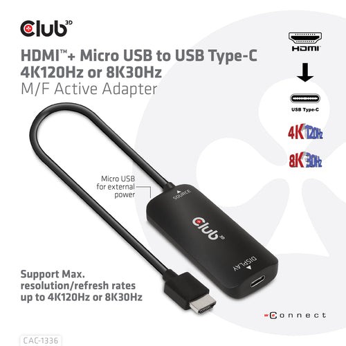 CLUB3D HDMI + Micro USB to USB Type-C 4K120Hz or 8K30Hz M/F Active Adapter