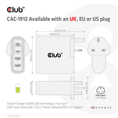 CLUB3D Travel Charger 100W GaN technology, Four port USB Type-A(2x) and -C(2x), Power Delivery(PD) 3.0 Support