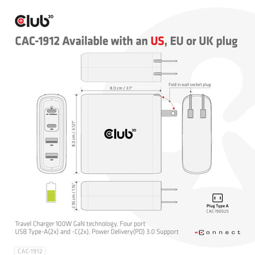 CLUB3D Travel Charger 100W GaN technology, Four port USB Type-A(2x) and -C(2x), Power Delivery(PD) 3.0 Support