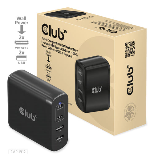 CLUB3D Travel Charger 100W GaN technology, Four port USB Type-A(2x) and -C(2x), Power Delivery(PD) 3.0 Support