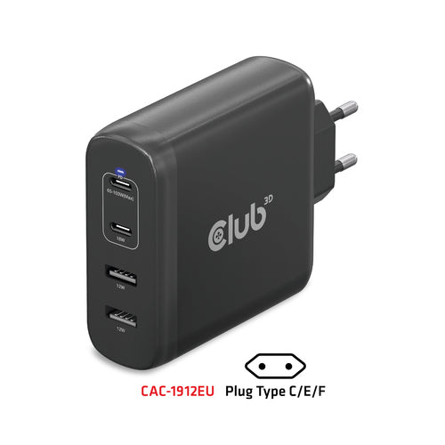 CLUB3D Travel Charger 100W GaN technology, Four port USB Type-A(2x) and -C(2x), Power Delivery(PD) 3.0 Support
