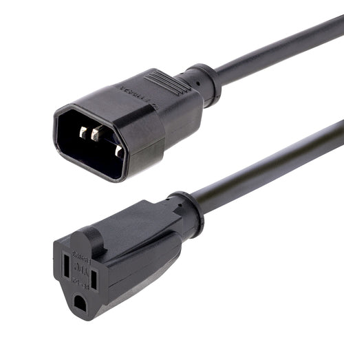 StarTech.com 3ft (1m) Power Extension Cord, IEC 320 C14 to NEMA 5-15R, 10A 125V, 18AWG, Black Computer Power Extension Cord, AC Outlet Extension Cable for Power Supplies/ PDUs / Network Equipment