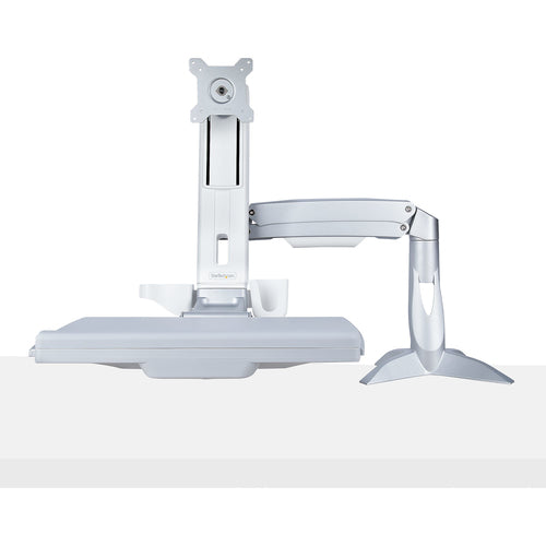StarTech.com Sit-Stand Monitor Arm with Keyboard/Mouse Tray - Adjustable Desk Mount Sit-Stand Workstation Arm for Single 27" VESA Display - Ergonomic Articulating Standing Desk Converter