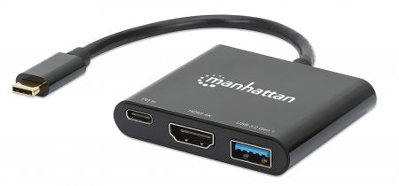 Manhattan USB-C Dock/Hub, Ports (x3): HDMI, USB-A and USB-C, With Power Delivery (100W) to USB-C Port (Note additional USB-C wall charger and USB-C cable needed), Universal for all devices, Cable 10cm, Black, Three Year Warranty